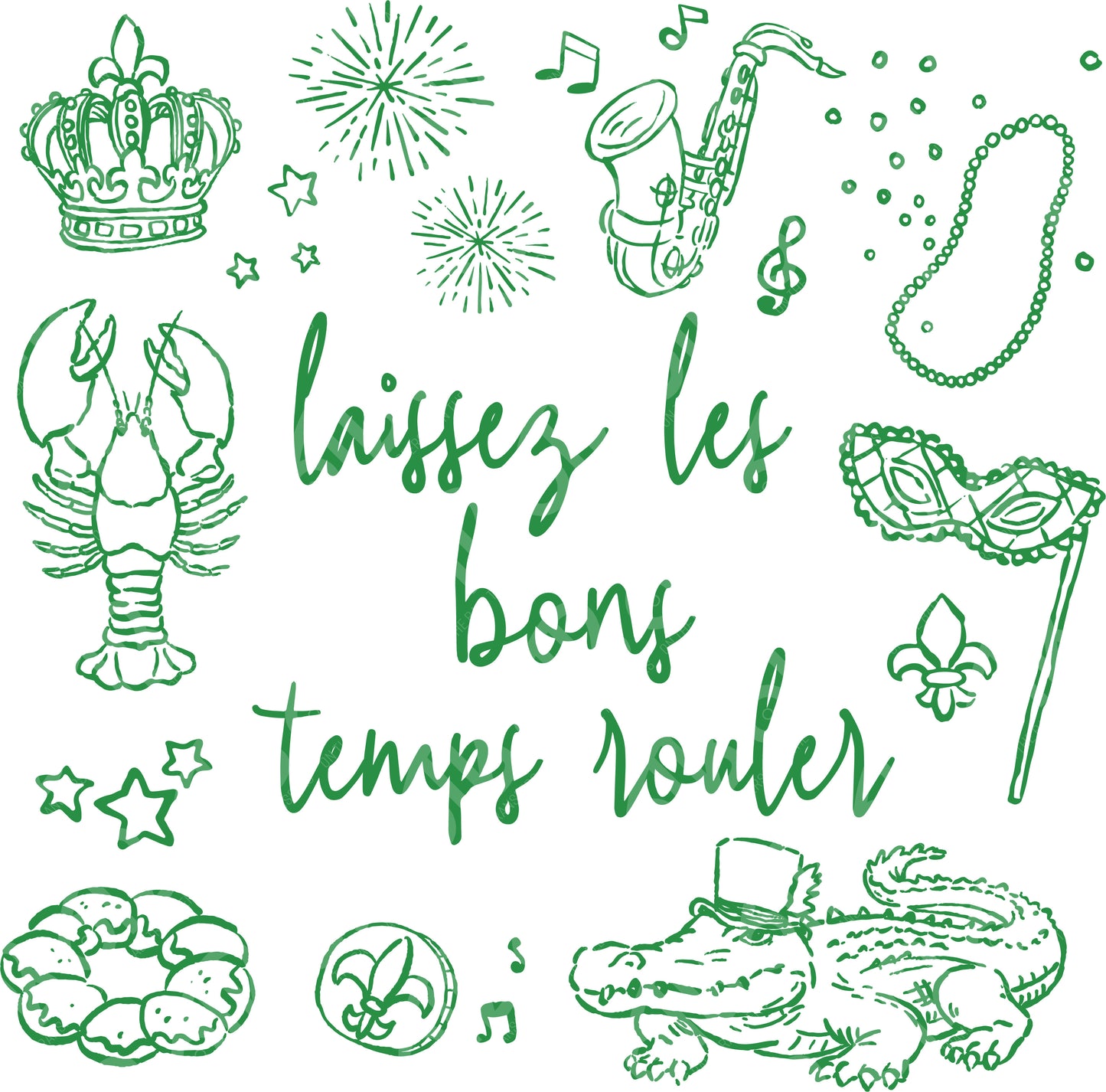Green illustrations and text on a white background with Mardi Gras-themed elements.
