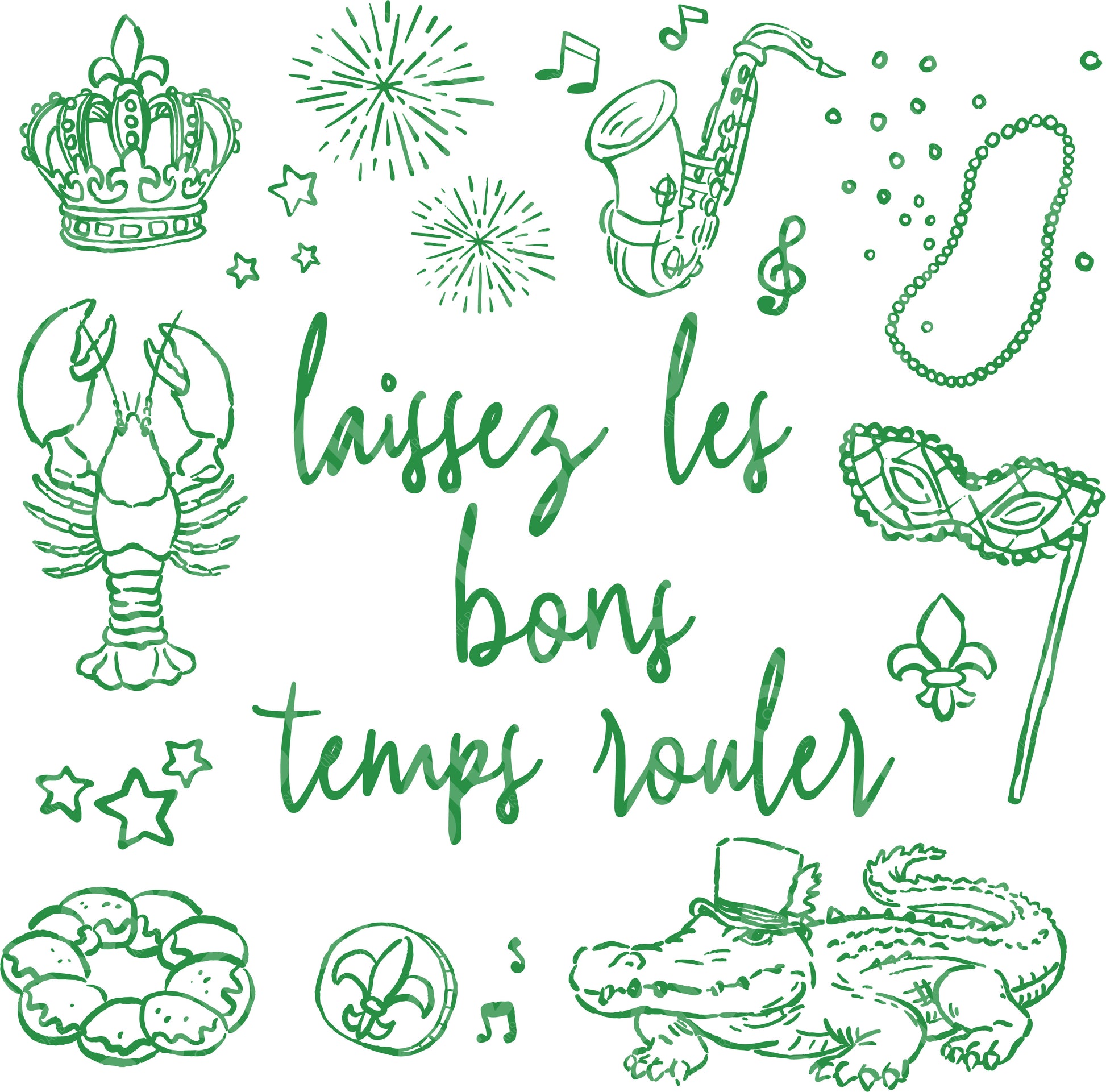 Green illustrations and text on a white background with Mardi Gras-themed elements.