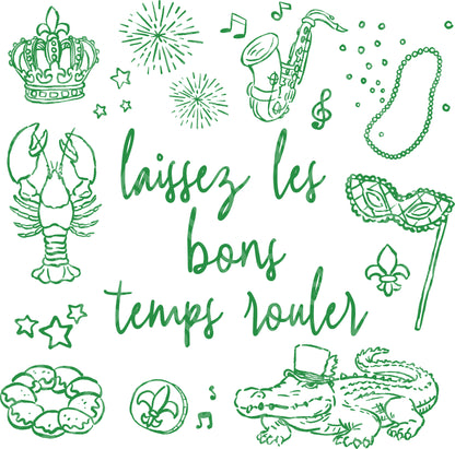 Green illustrations and text on a white background with Mardi Gras-themed elements.