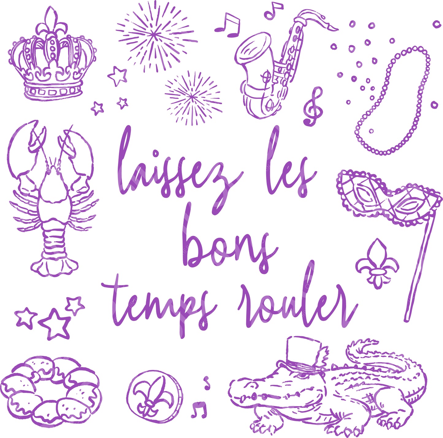 Purple illustrations and text on a white background with 'laissez les bons temps rouler' text.