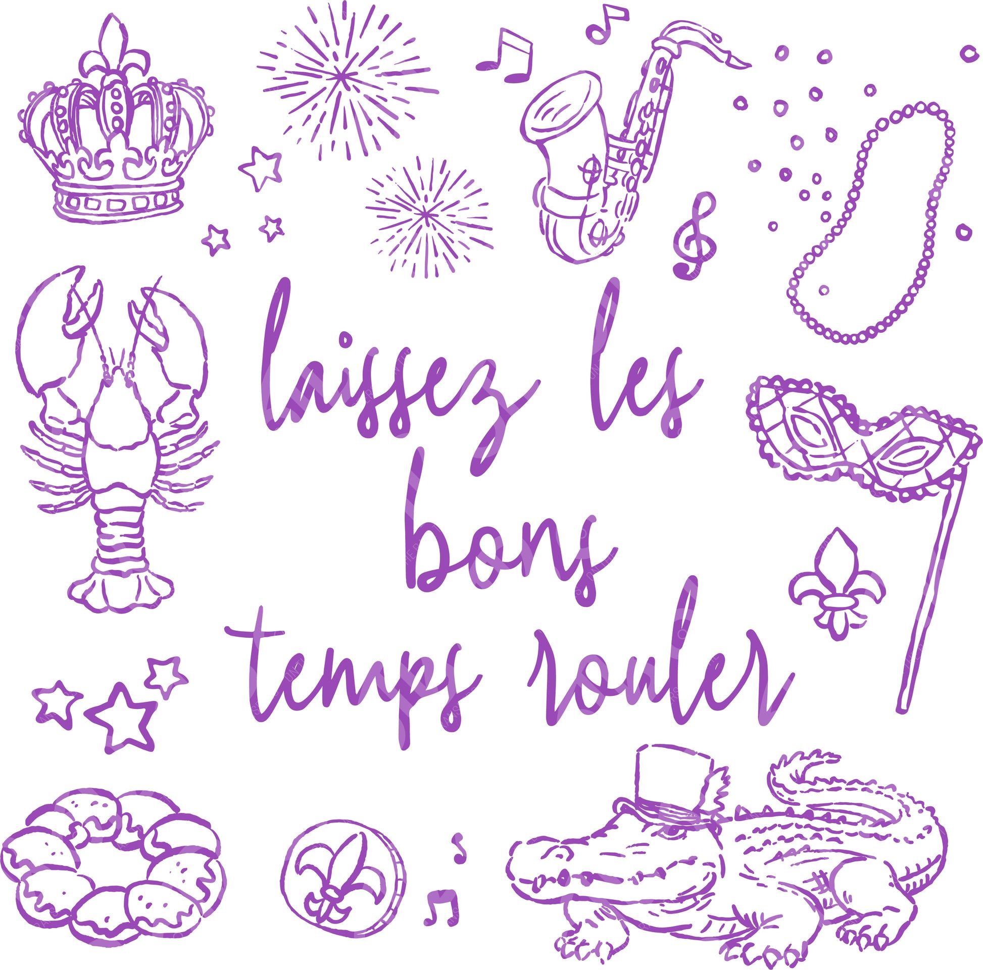 Purple illustrations and text on a white background with 'laissez les bons temps rouler' text.