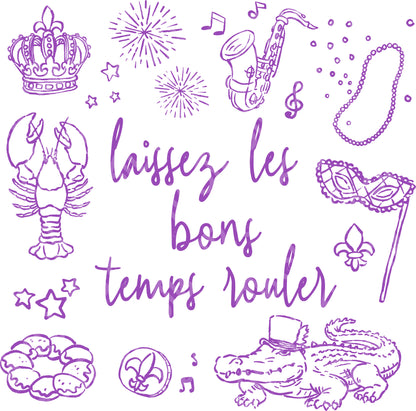 Purple illustrations and text on a white background with 'laissez les bons temps rouler' text.