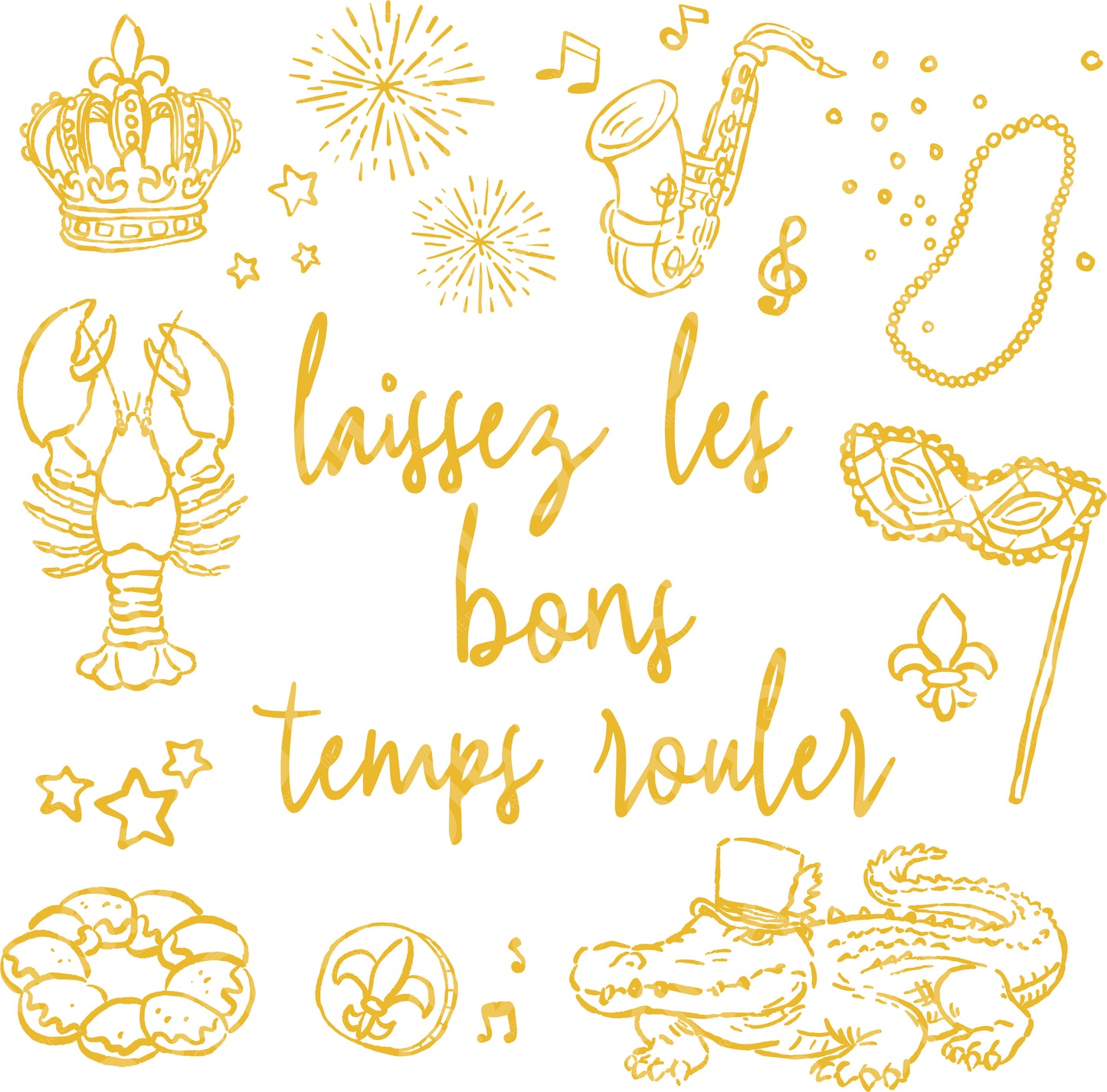 Decorative design with French text 'laissez les bons temps rouler' and various symbols on a white background.