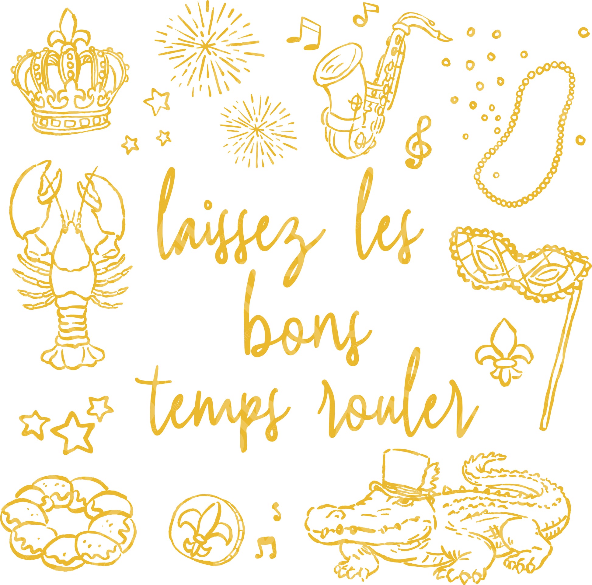 Decorative design with French text 'laissez les bons temps rouler' and various symbols on a white background.
