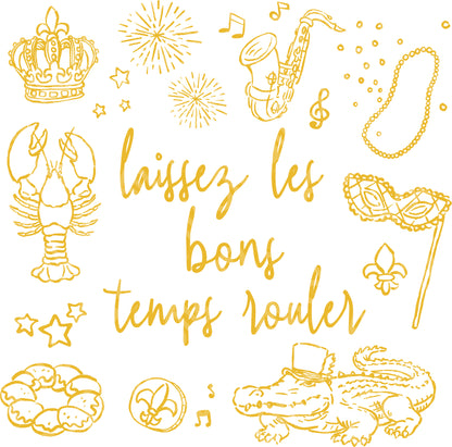 Decorative design with French text 'laissez les bons temps rouler' and various symbols on a white background.