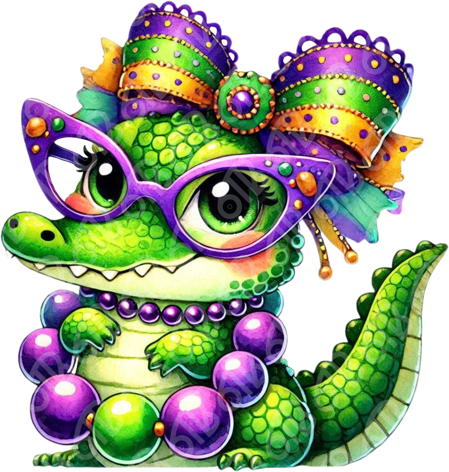 Colorful cartoon crocodile with glasses, bow, and beads on a white background