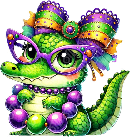 Colorful cartoon crocodile with glasses, bow, and beads on a white background
