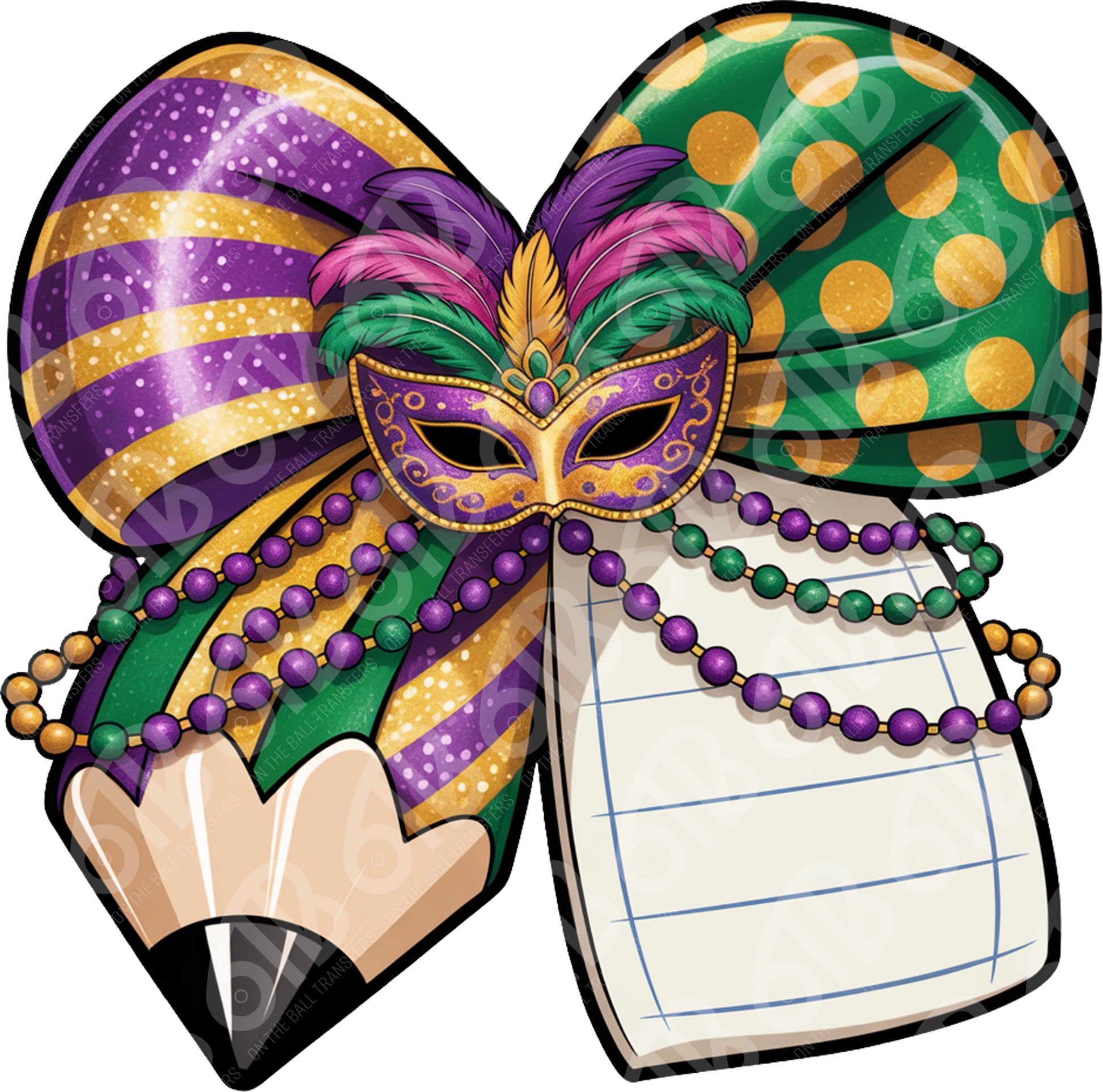 Mardi Gras-themed pencil with mask, beads, and bow on a white background