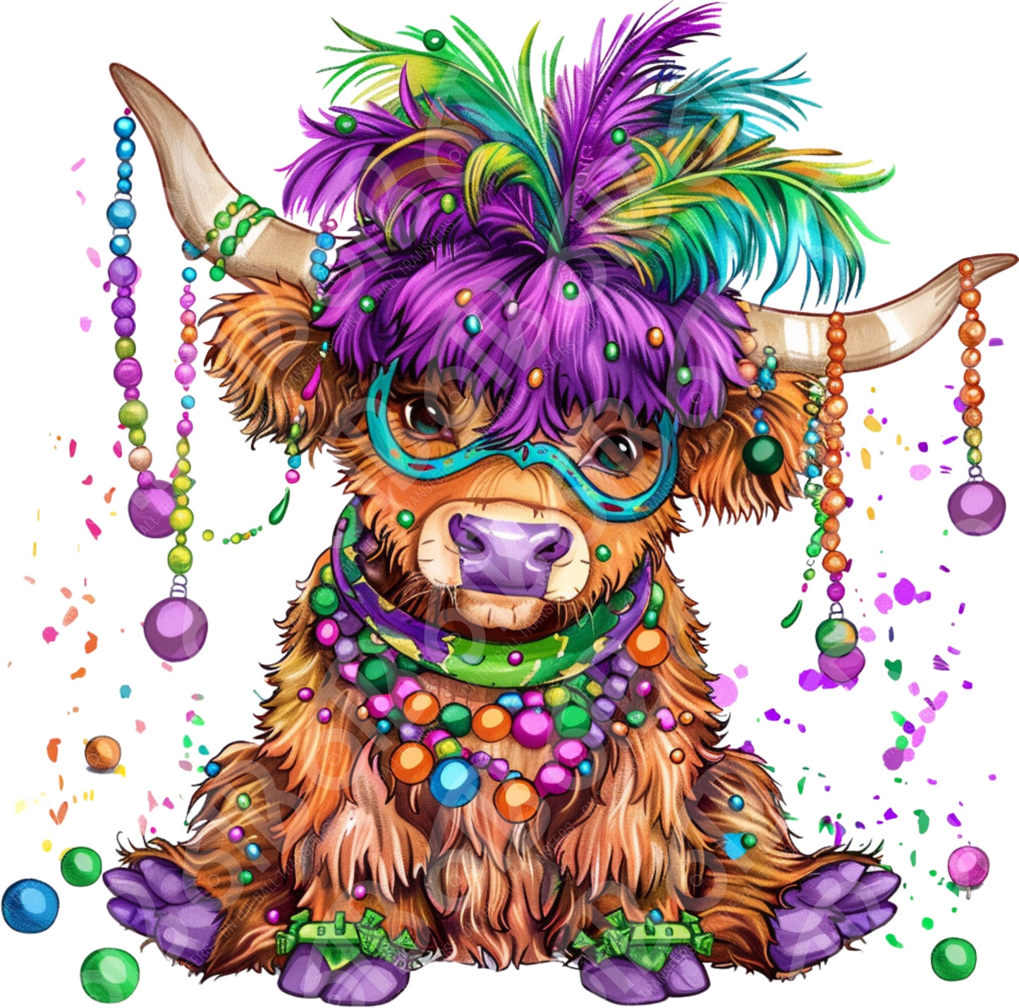 Colorful bull with festive decorations and beads on a white background