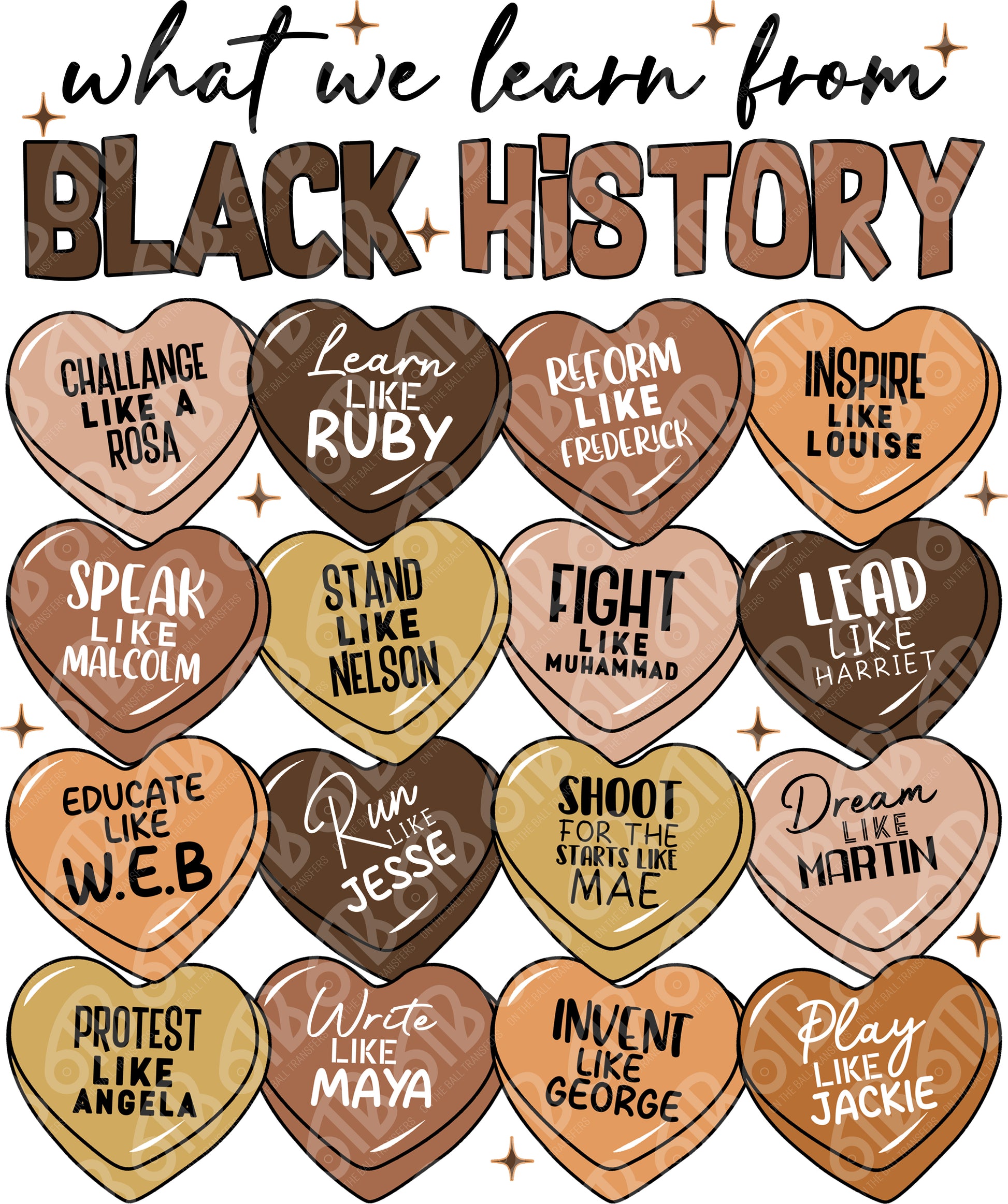 Heart-shaped stickers with quotes on black history figures and their legacies.
