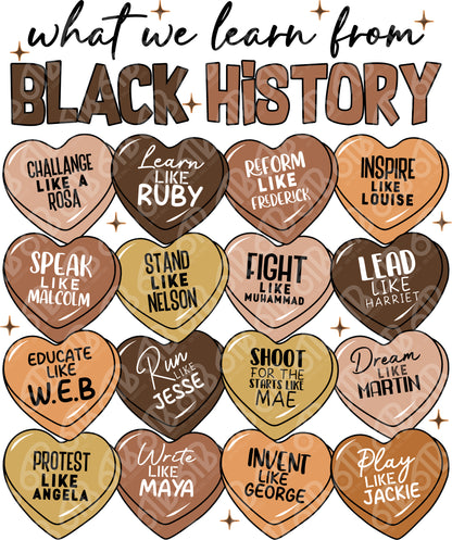 Heart-shaped stickers with quotes on black history figures and their legacies.