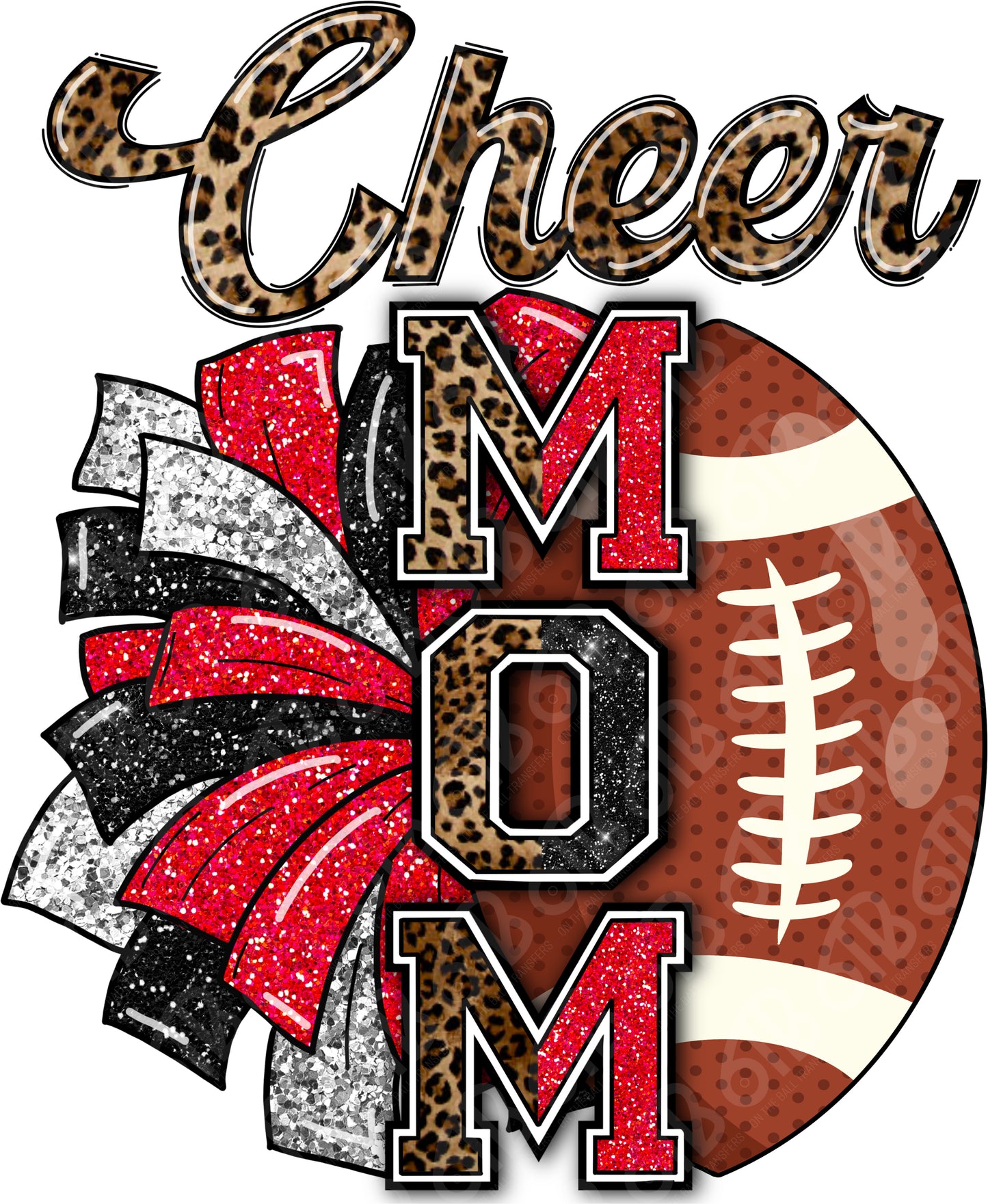 Cheer Mom Red Black Leopard Faux Glitter DTF Transfer