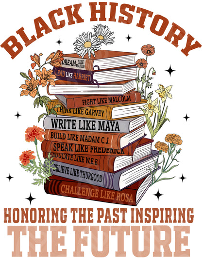 Design with books and flowers titled 'Black History' honoring the past and inspiring the future.
