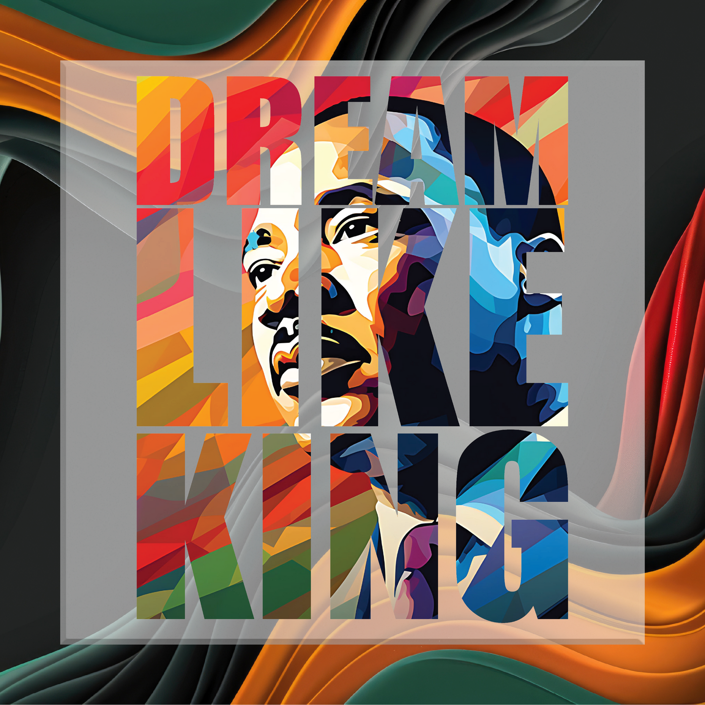 Colorful abstract design with a face and the text 'Dream Like This' on a dark background.