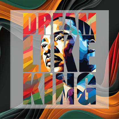 Colorful abstract design with a face and the text 'Dream Like This' on a dark background.