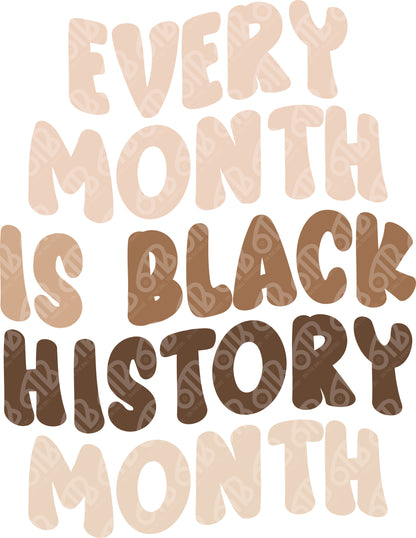 Text 'Every Month is Black History Month' in various shades of brown on a white background