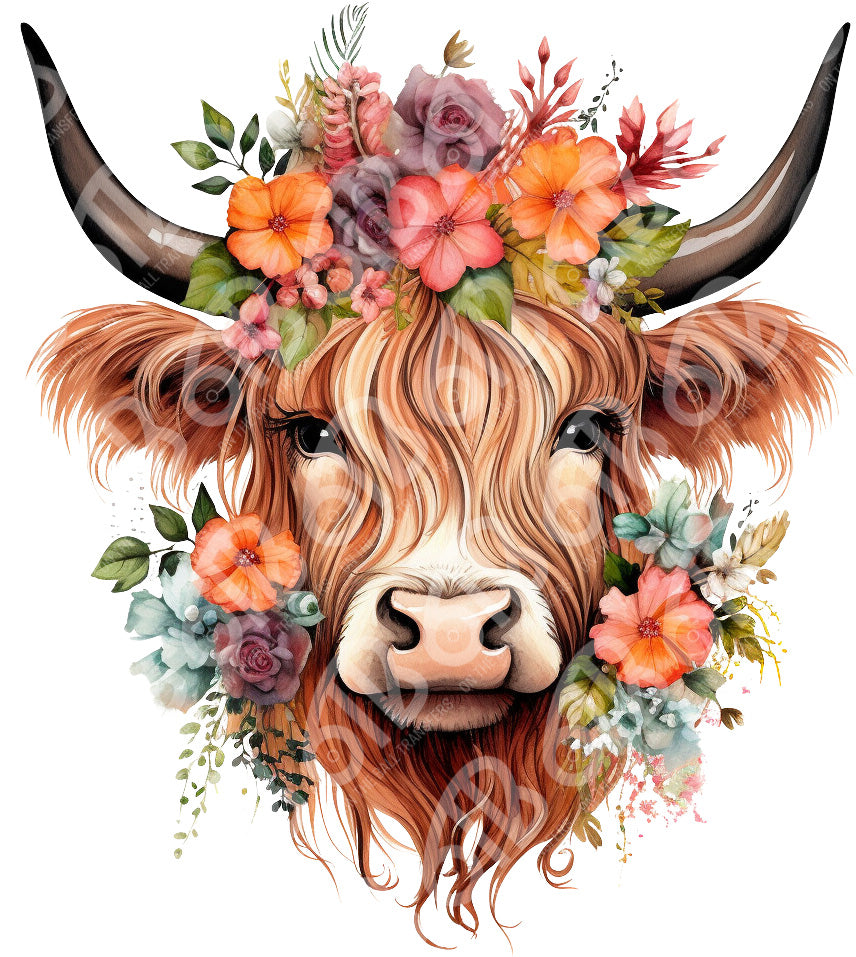 Floral Highland Cow dtf Transfer, dtf print, full image