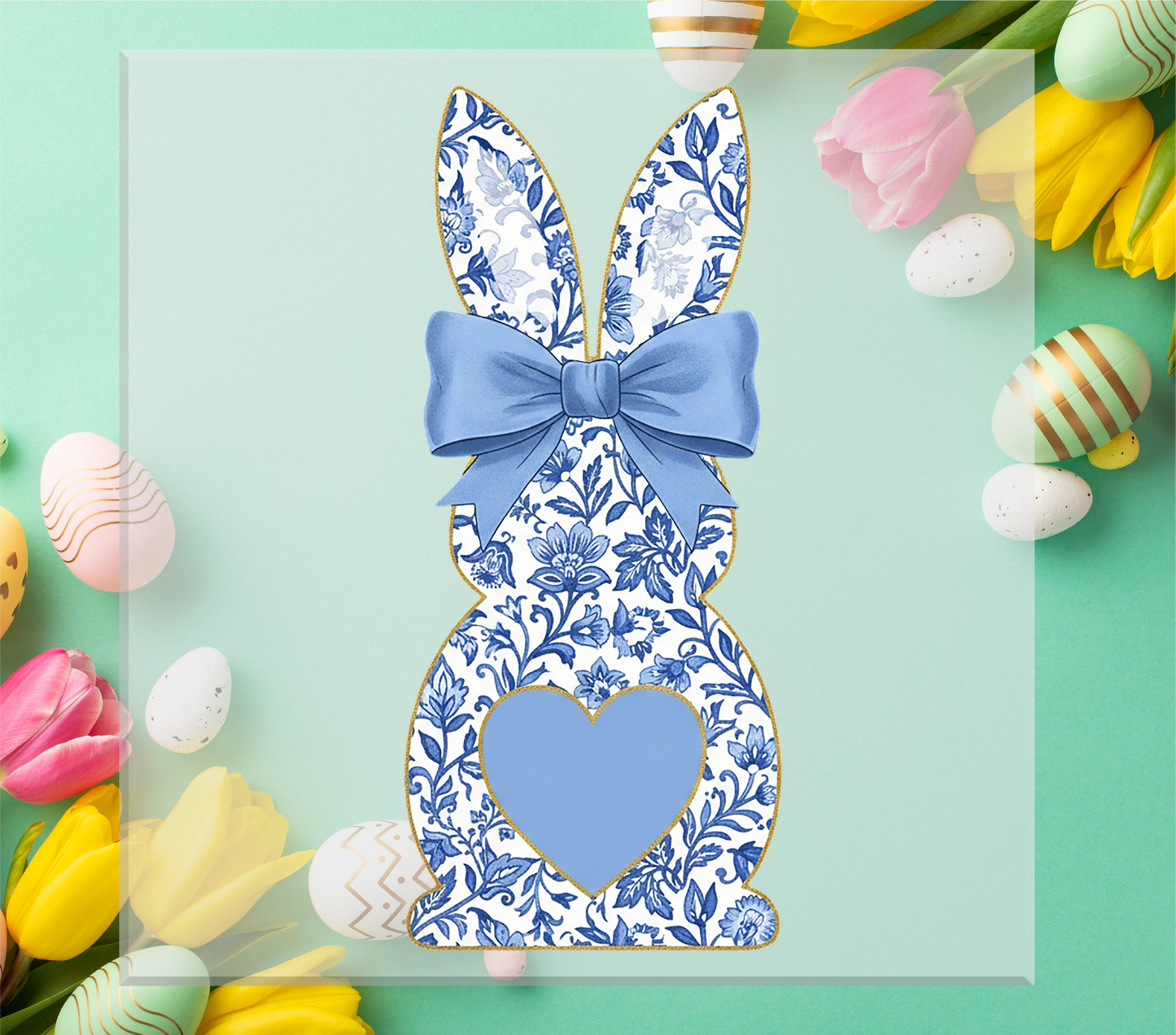Blue Floral Chinoiserie Bunny DTF Transfer