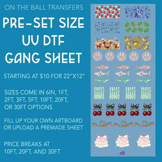 Pre-set size UV DTF gang sheet with various designs on a blue background