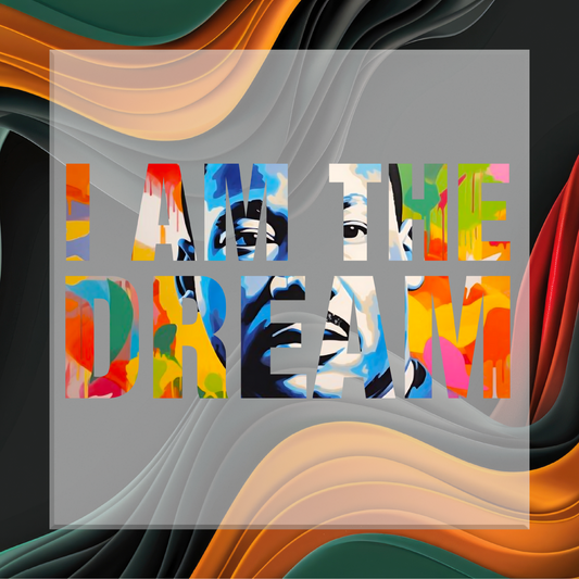 Colorful text 'I AM THE DREAM' on a abstract wavy background