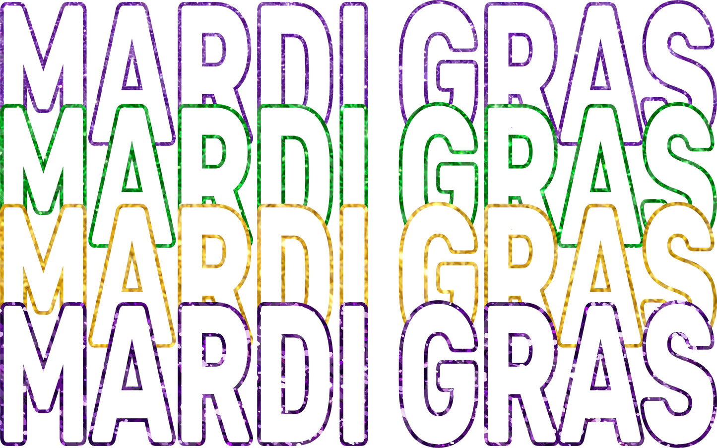 Repeating 'MARDI GRAS' text in purple, green, and gold on a white background