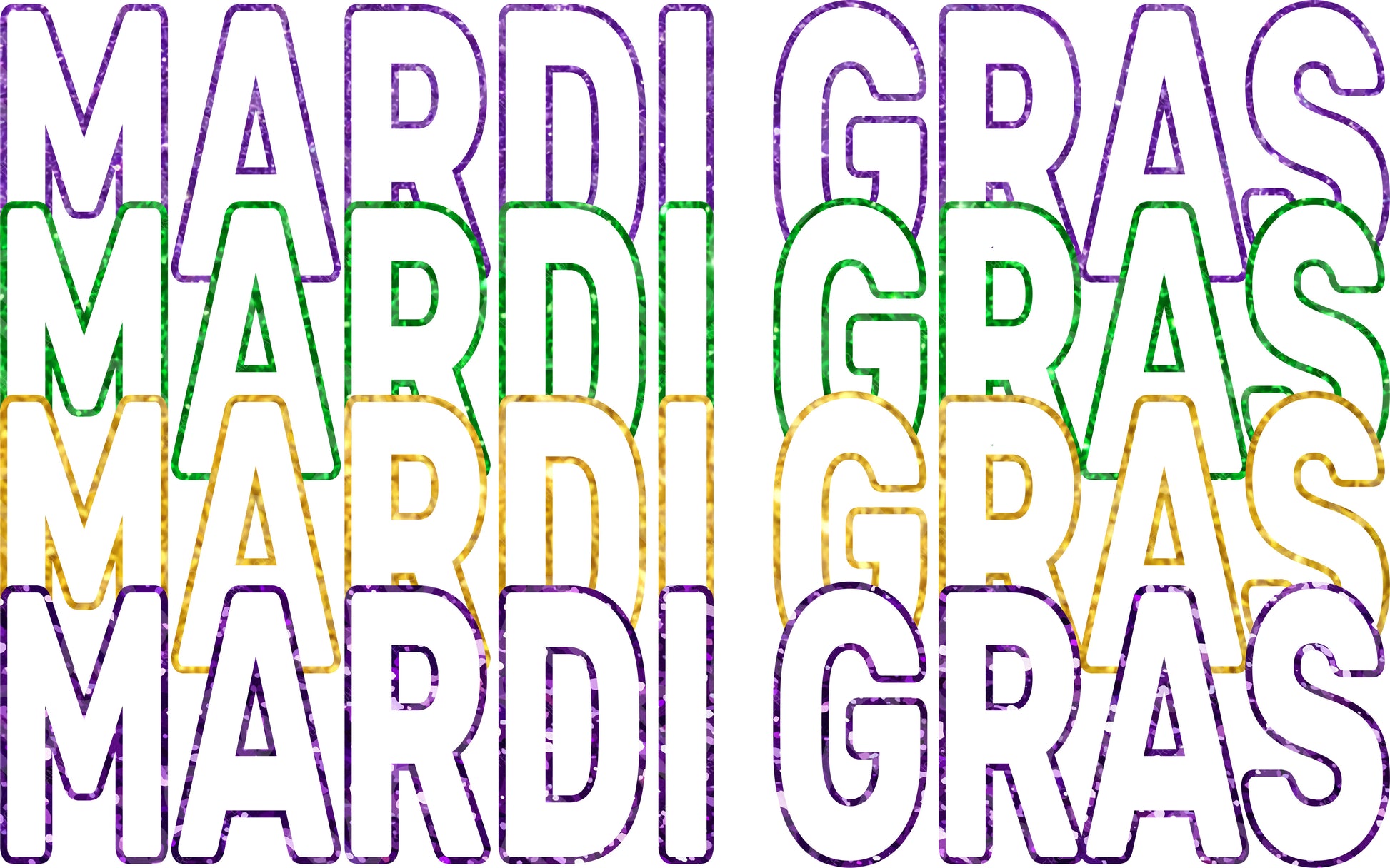 Repeating 'MARDI GRAS' text in purple, green, and gold on a white background