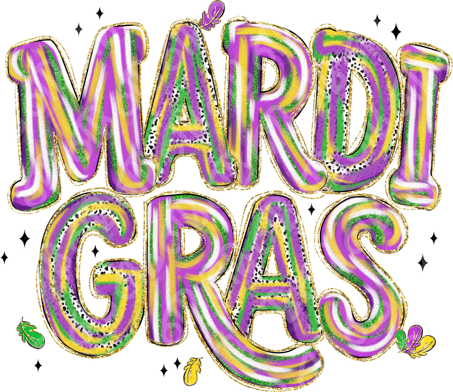 Colorful 'Mardi Gras' balloon text with purple, green, and gold colors on a white background.