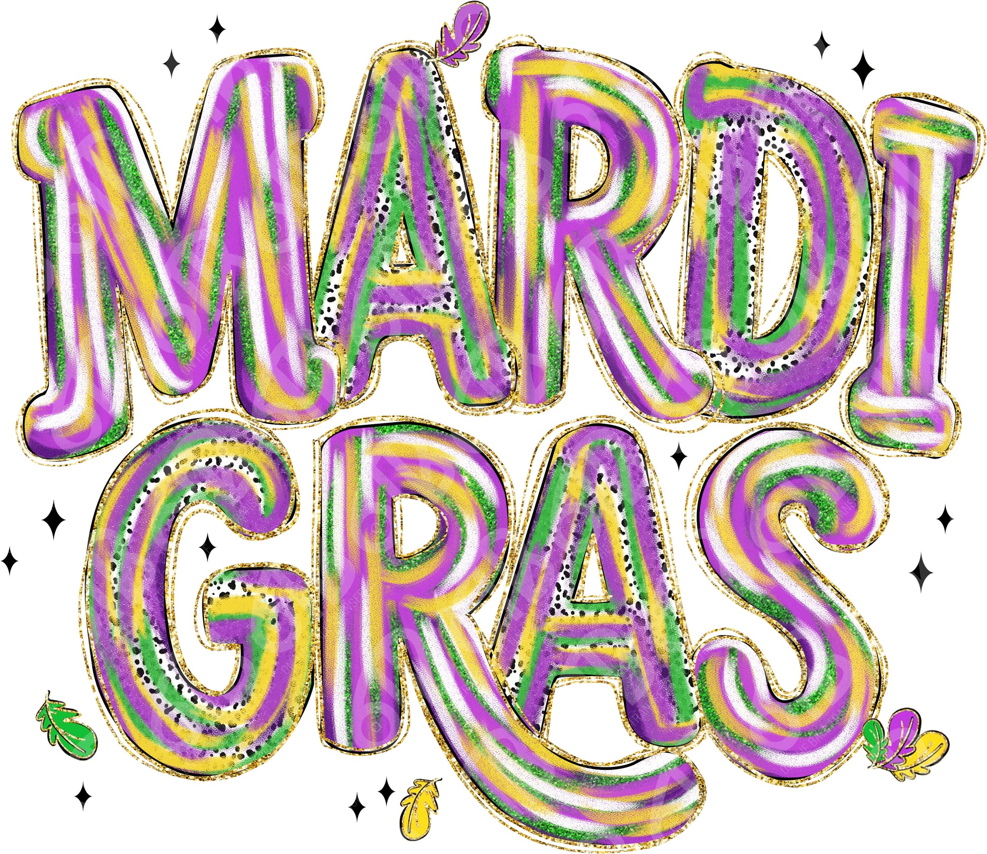 Colorful 'Mardi Gras' balloon text with purple, green, and gold colors on a white background.