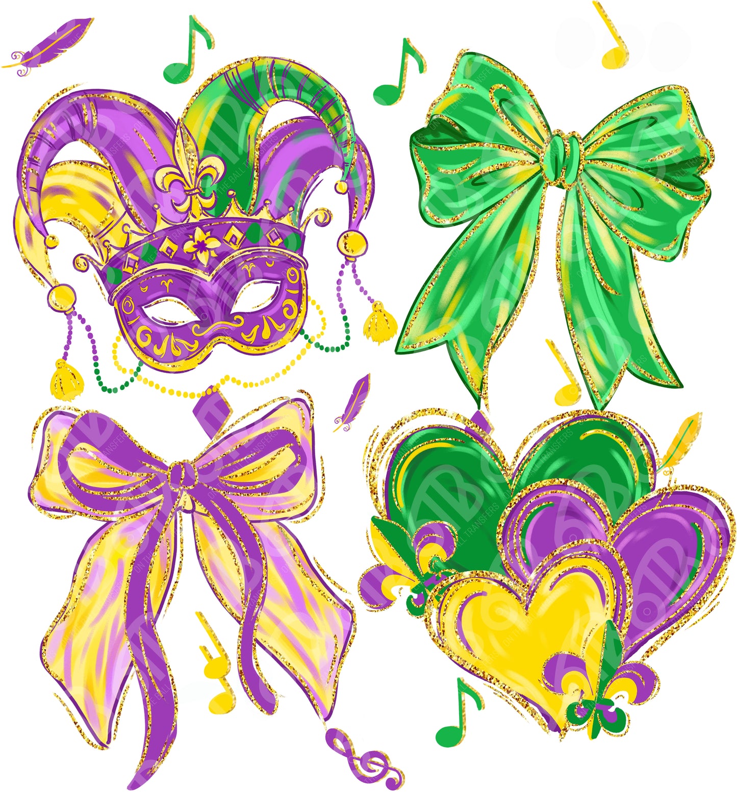 Colorful Mardi Gras-themed decorations including a mask, bows, and feathers on a white background.