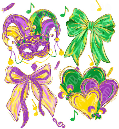 Colorful Mardi Gras-themed decorations including a mask, bows, and feathers on a white background.