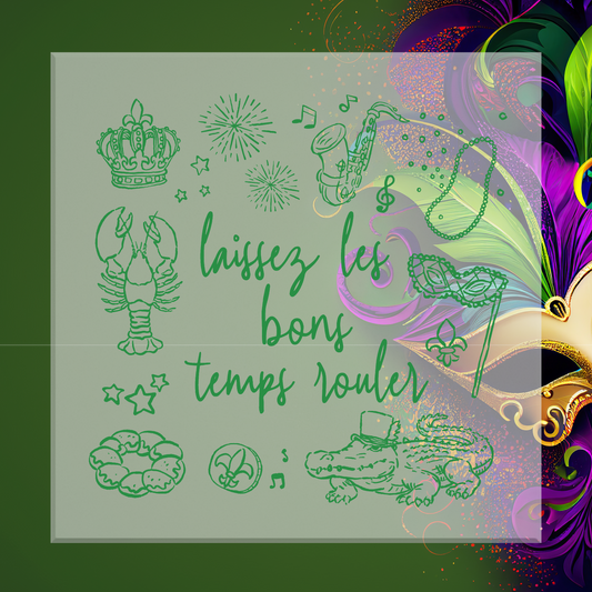 Decorative design with Mardi Gras elements and text on a green background
