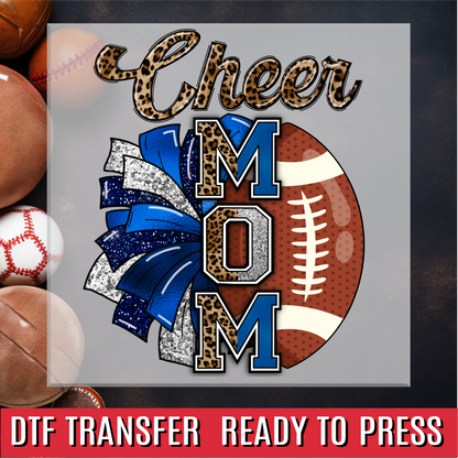 Football Cheer Mom Leopard Blue Silver DTF Transfer