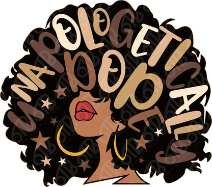 Afro with text 'unapologetically dope' and stars on a white background