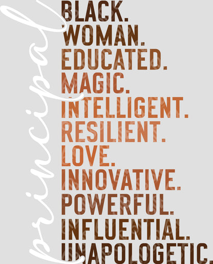 Textual list of positive descriptors including 'Black', 'Woman', 'Educated', 'Magic', 'Intelligent', 'Resilient', 'Love', 'Innovative', 'Powerful', 'Influential', 'Unapologetic' on a light gray background.