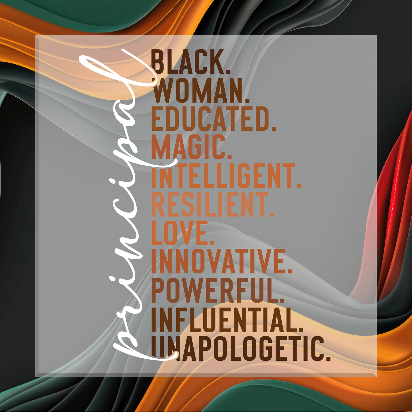 Textual description of a black woman on a colorful abstract background