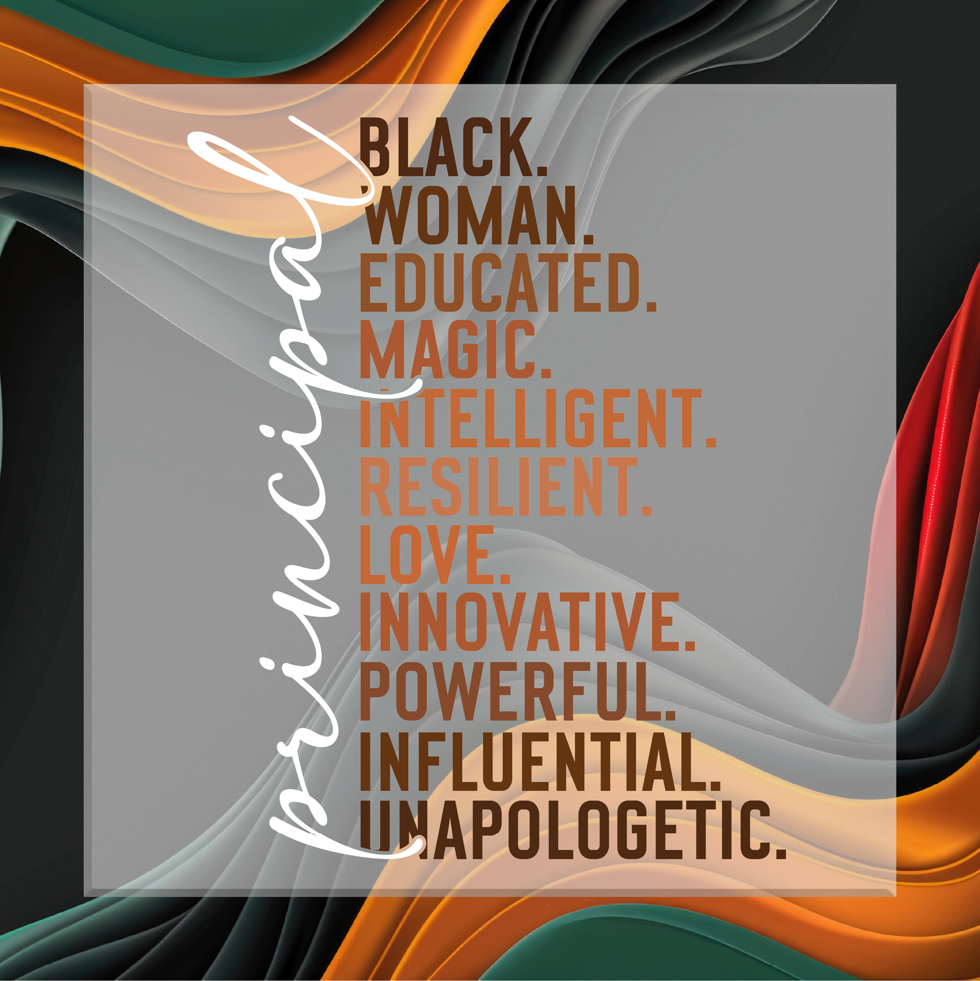 Textual description of a black woman on a colorful abstract background