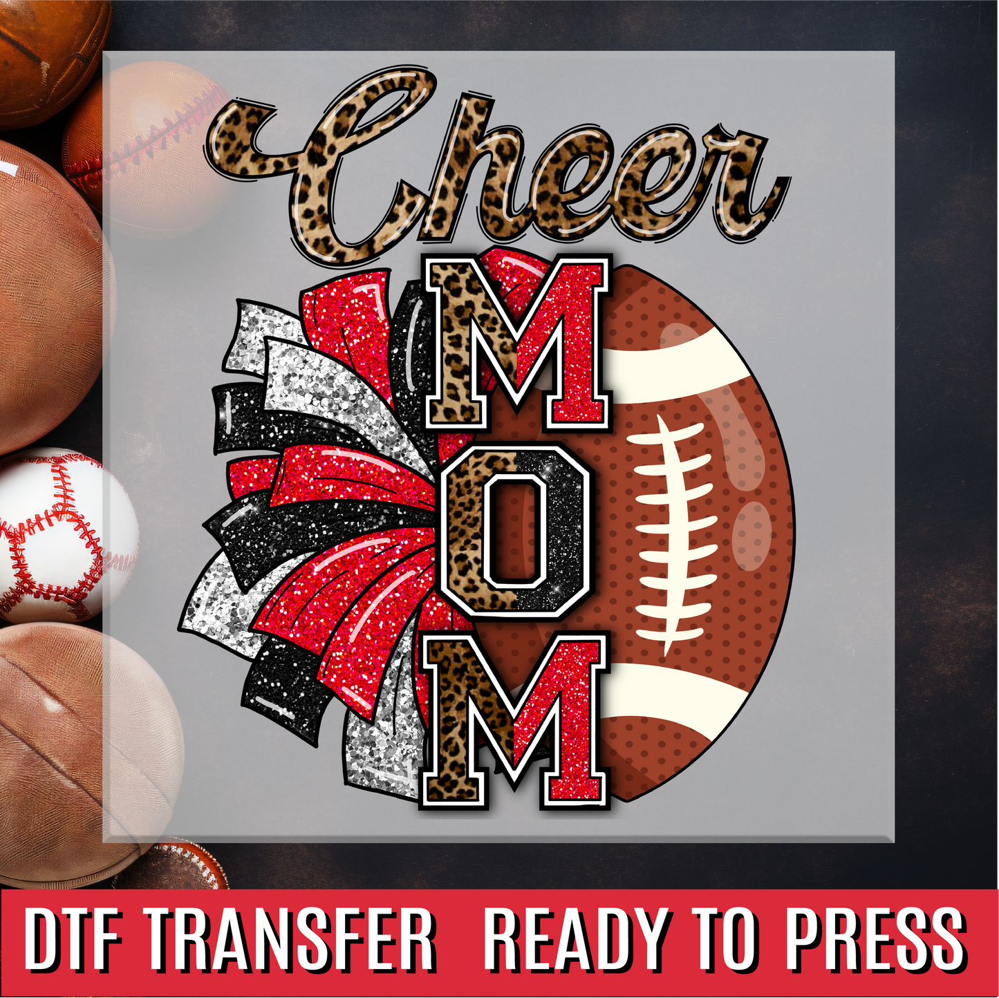 Cheer Mom Red Black Leopard Faux Glitter DTF Transfer