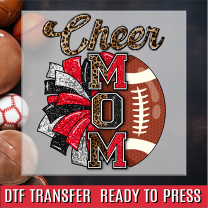 Cheer Mom Red Black Leopard Faux Glitter DTF Transfer