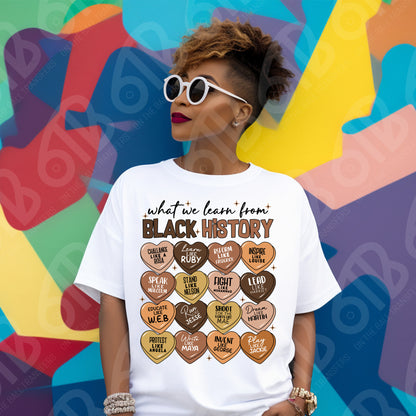 Person wearing a white t-shirt with 'What we learn from Black History' design against a colorful abstract background