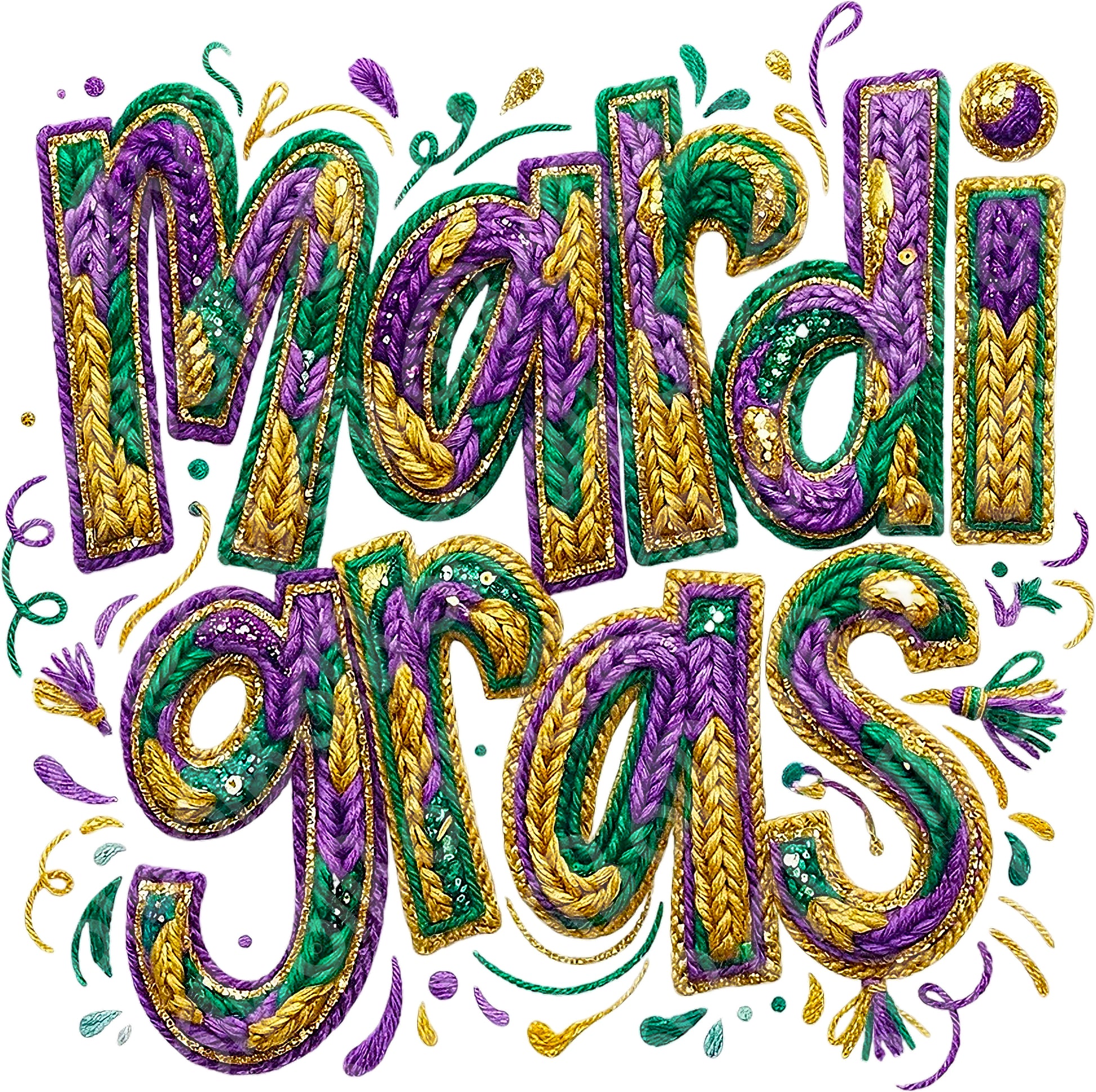 Decorative text 'Mardi Gras' in purple, green, and gold on a white background.
