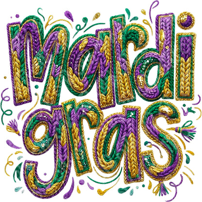 Decorative text 'Mardi Gras' in purple, green, and gold on a white background.