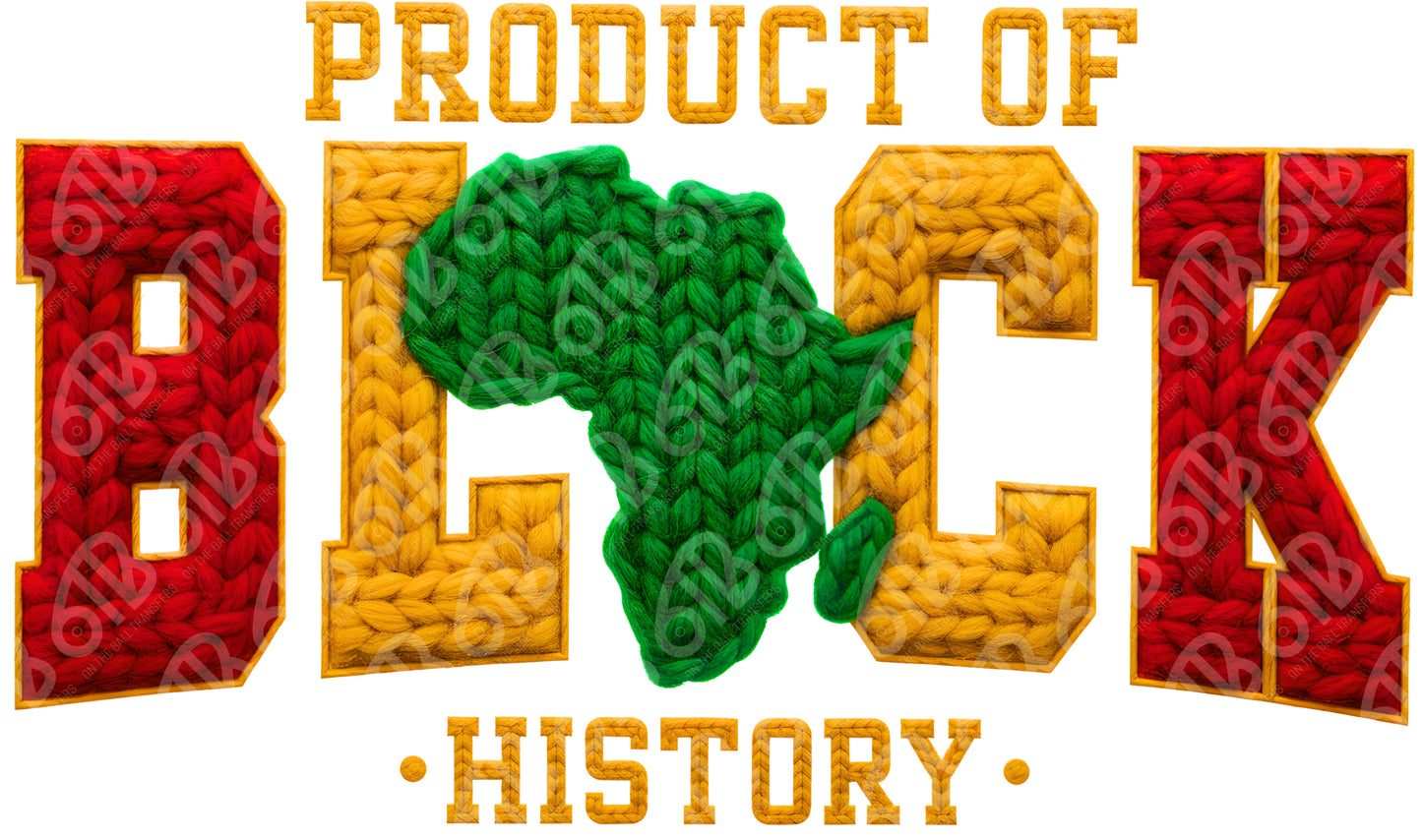 Text 'Product of Black History' with a green outline of Africa on a white background