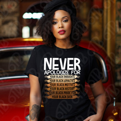 Woman wearing a black t-shirt with a message about black pride in front of a vintage car.