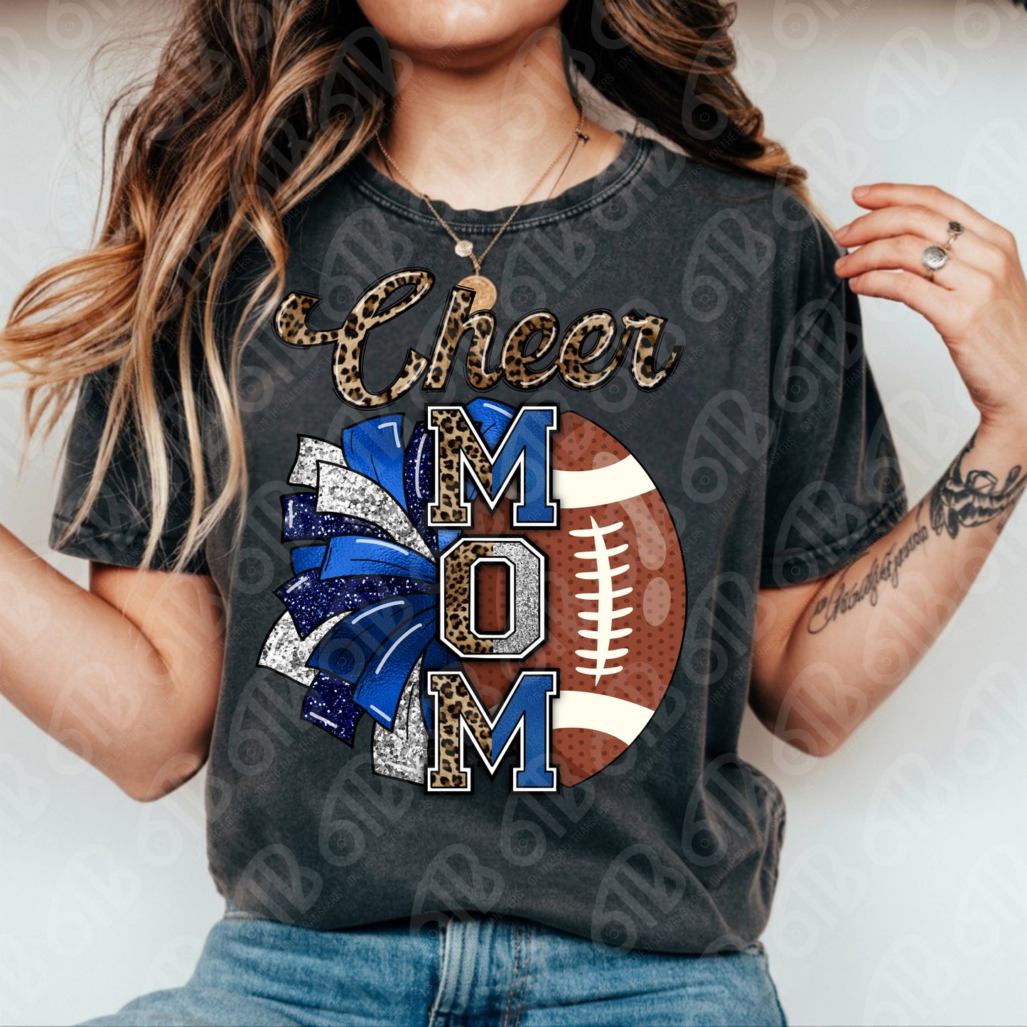 Football Cheer Mom Leopard Blue Silver DTF Transfer