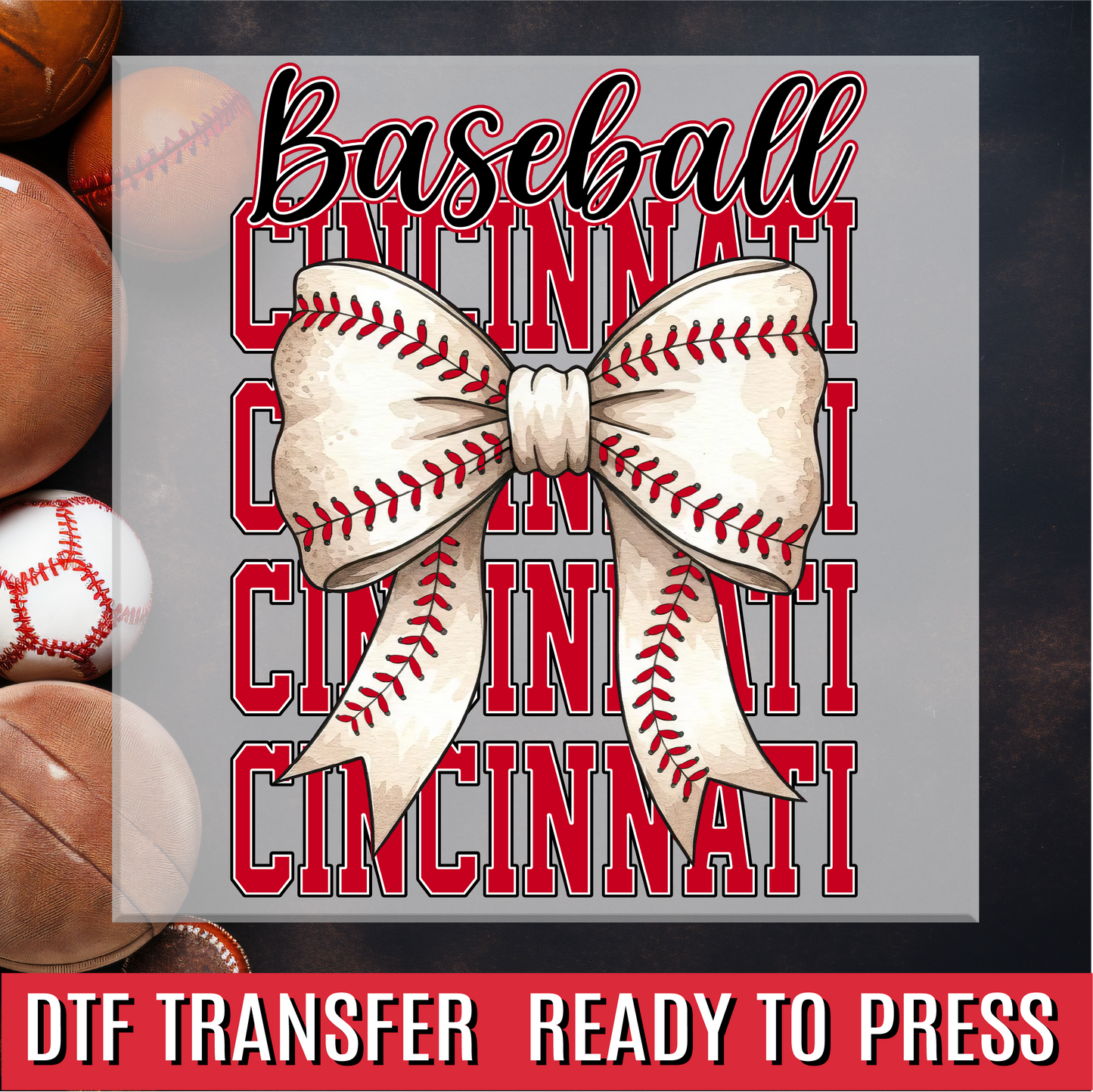 Cincinnati Baseball Bow DTF Transfer