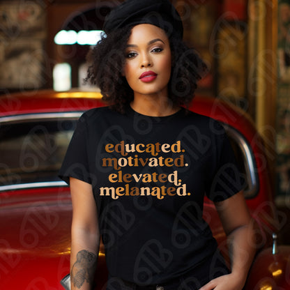 Woman wearing a black t-shirt with motivational text, sitting in a car.