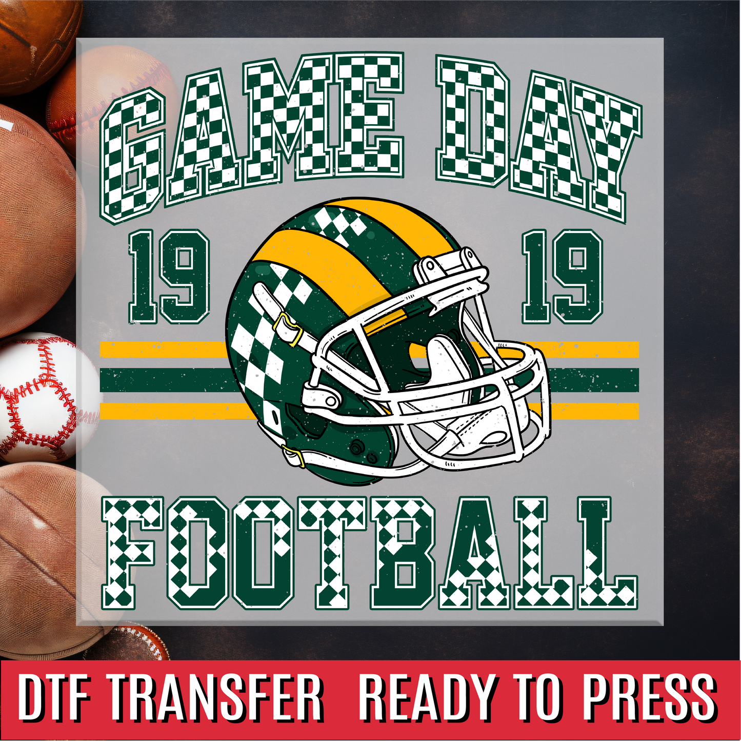 Game Day Football Green and Gold DTF Transfer