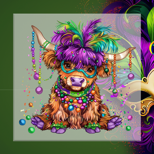 Colorful illustration of a bull with festive decorations on a green background