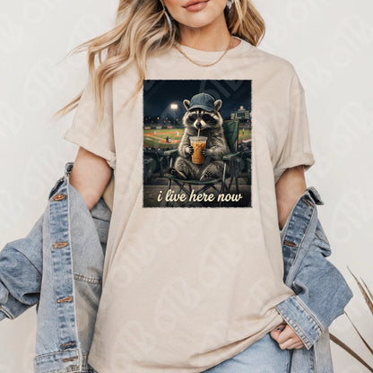 I Live Here Now Raccoon DTF Transfer