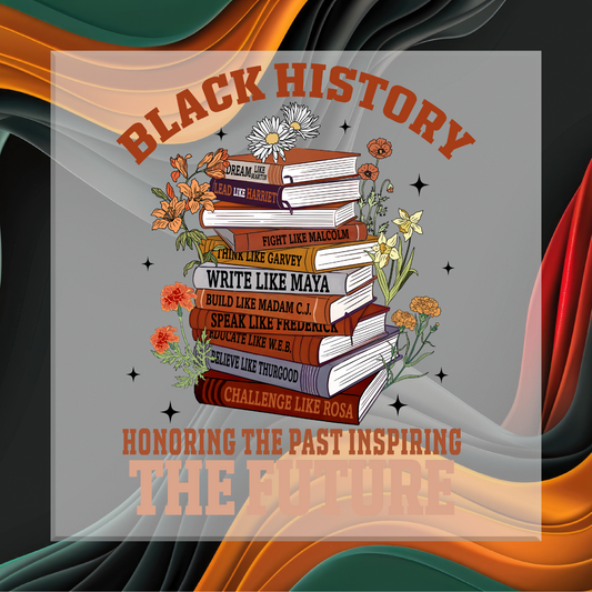 Design with books and flowers titled 'Black History' on a gray background